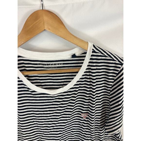 Guess Smart Guess Boxy Fit Short Sleeve Modal Blend Tshirt Black white Stripe XL - Picture 2 of 3